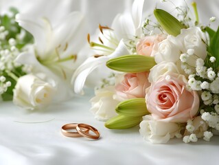"Elegant Wedding Rings and Flowers Close-Up"