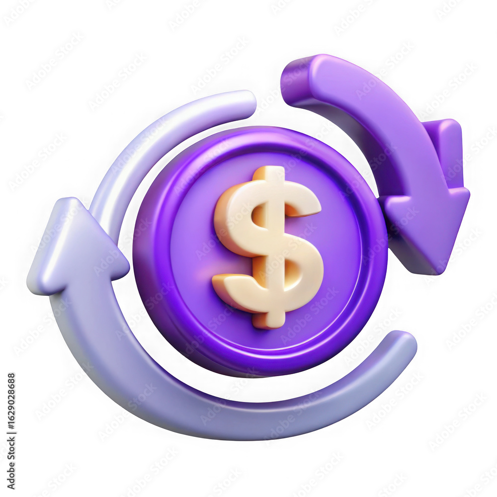 Poster 3d illustration of a 3d rendering of a purple coin with a dollar sign and arrows circling it represe