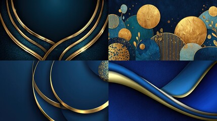 Abstract collage gold accents on dark blue, curves, circles, wavy lines & textured surface