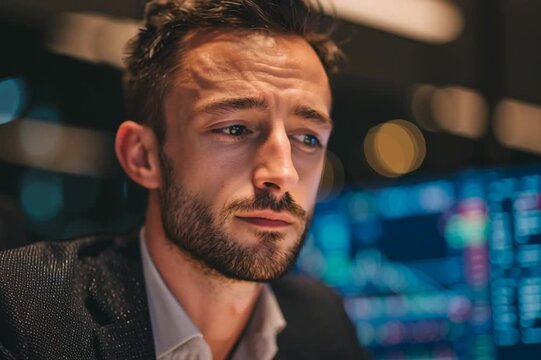 Confident Young Professional Man working late at computer in mod