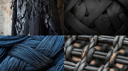 Collage featuring textures tar-like drips, woven strands, blue threads, and mesh