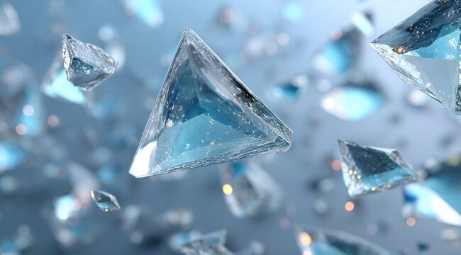 Floating translucent triangular prisms, light blue hues