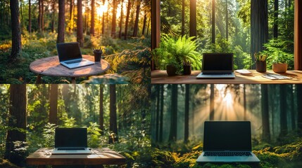 Laptops placed in sunny forest clearings, a serene workspace in nature's embrace