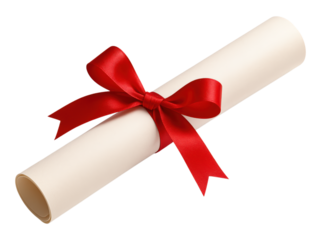 A rolled diploma, certificate, or degree scroll, elegantly tied with a vibrant red satin ribbon bow, Isolated on Transparent Background, PNG