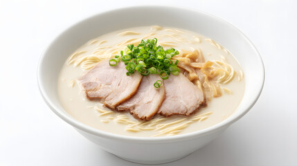 Delicate Bowl of Hakata Ramen with Tender Pork Slices and Fresh Green Onions in Creamy Broth