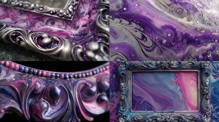 Frames display swirling purple, pink, and silver epoxy resin art
