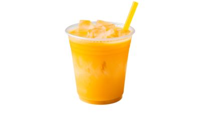 A cup of orange juice with ice and a yellow drinking straw