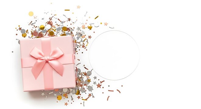 Elegant pink gift box surrounded by vibrant confetti with a blank space for customization