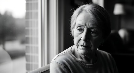 Portrait of an older woman gazing out the window with a contemplative expression capturing the