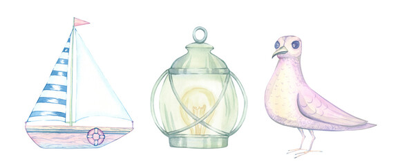 Wooden ship, sailing yacht figurine, driftwood decor. Gull, seabird, snipe, petrel, skua. Antique lantern, glass incandescent lamp. Set of pastel colors isolated on white. Hand drawn watercolor