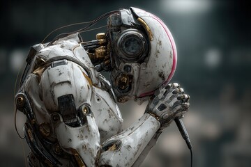 Fototapeta premium Close-up of a humanoid female robot singer on stage, emotional face lit by spotlight while performing with microphone in hand, modern concert vibe.