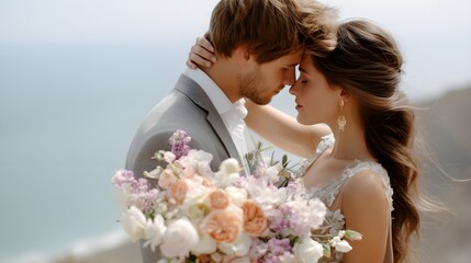 Elegant Wedding Couple with Bouquet in Vintage Setting