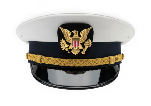 Us navy officer dress white hat with emblem isolated on transparent background