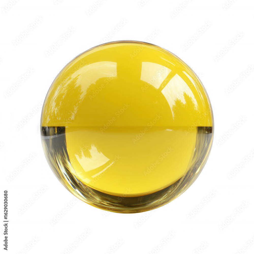 Poster a vibrant yellow sphere with a transparent bottom, reflecting light and colors creatively. perfect f