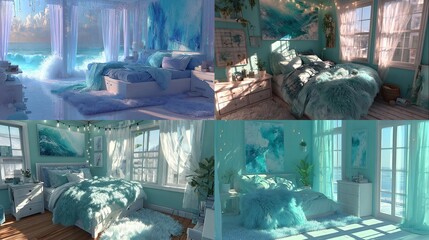 Four teal-toned bedroom scenes, digitally rendered, featuring ocean views and soft light