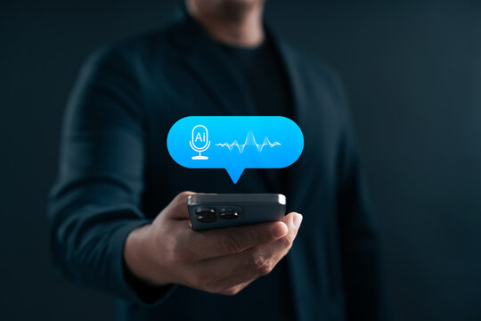 AI voice assistant and speech recognition technology. Man using smartphone with virtual microphone icon and soundwave interface for smart voice command and interaction.