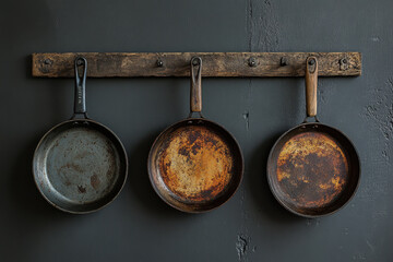 frying pans hanging on wall.
