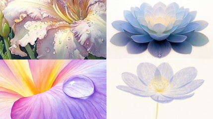 Four flower close-ups with water droplets, soft colors, and delicate petals