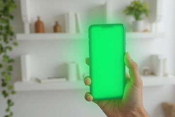 Holding Glowing Smartphone with Green Screen in Bright Room