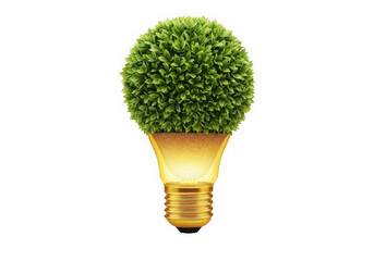 Green energy light bulb with lush foliage isolated on transparent background