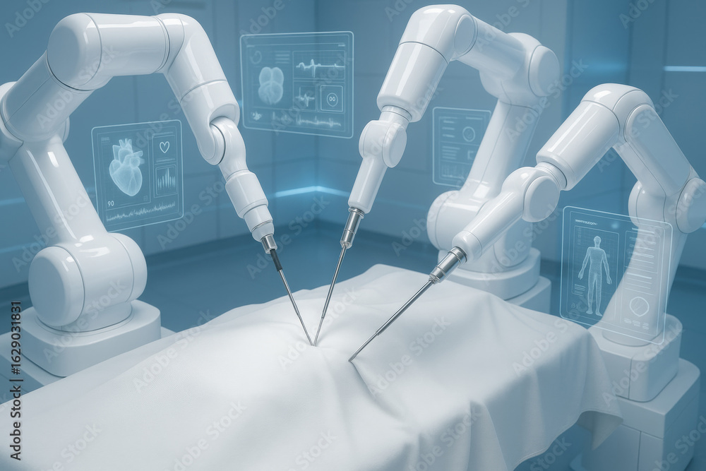 Poster precision in the operating room: modern robotic arms meticulously perform a surgical procedure with 