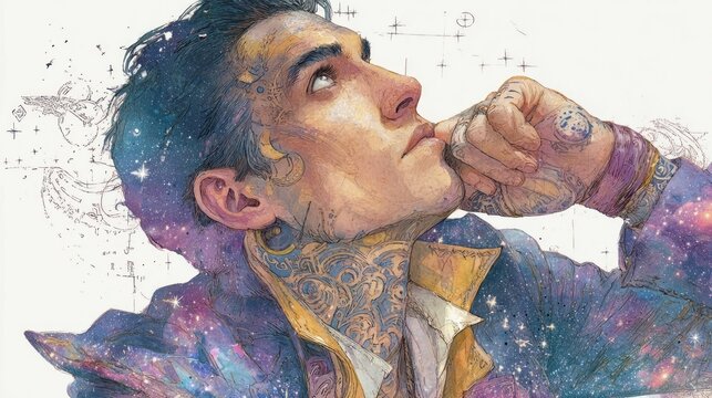 A man with galaxy-patterned skin looks up with a pensive expression and hand near face