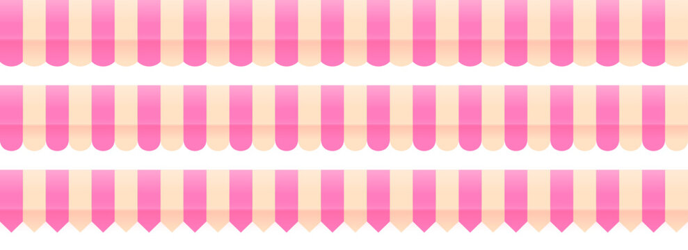 Striped shop tent repeated design set. Store window awning pattern collection. Cafe or restaurant roof canopy pack. Pink and cream stall market place cover. Repeating stripe sunshade design. Vector