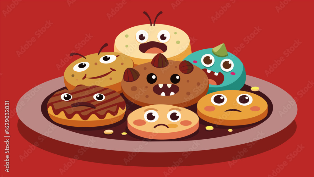 Aufkleber a dessert platter with various types of cookies each one decorated with a different fearful expressi
