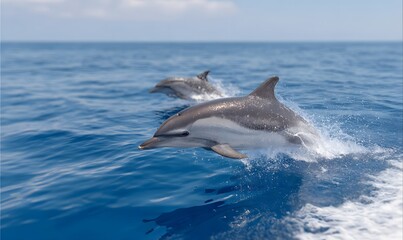 A family of dolphins swims in the open ocean. One of the dolphins has leapt out of the water, its entire body suspended in the air