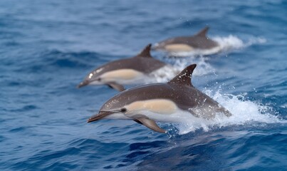 A family of dolphins swims in the open ocean. One of the dolphins has leapt out of the water, its entire body suspended in the air