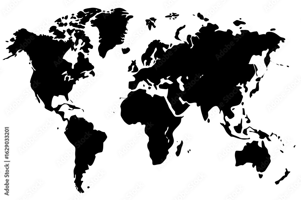 Poster vector black and white world map showing continents and landmasses in a simple flat design style ill