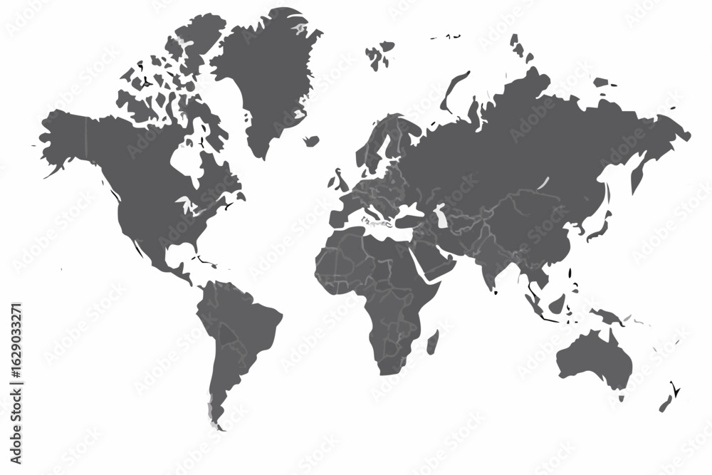 Poster vector a gray world map showing continents and countries on a white background with detailed borders