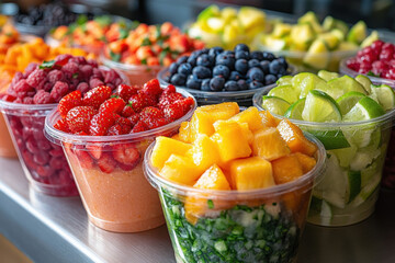 Plastic cups filled with fruit and vegetables.