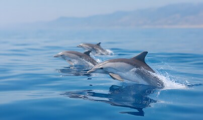 Fototapeta premium A family of dolphins swims in the open ocean. One of the dolphins has leapt out of the water, its entire body suspended in the air