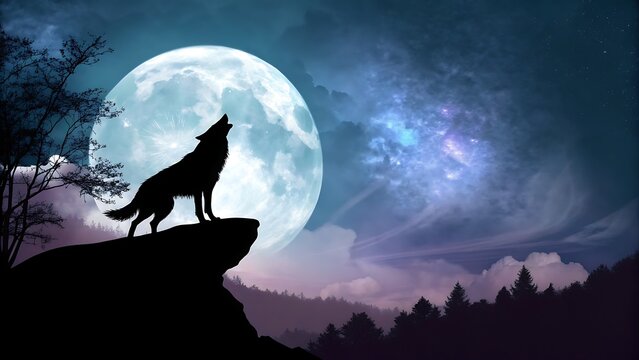 Silhouette of a wolf howling at the moon on a rocky cliffside - Powered by Adobe