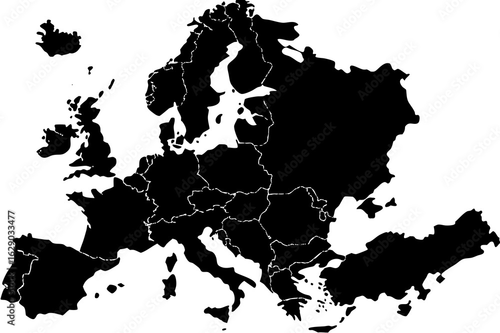 Poster vector black and white map of europe showing country borders and geographical features in a simple d