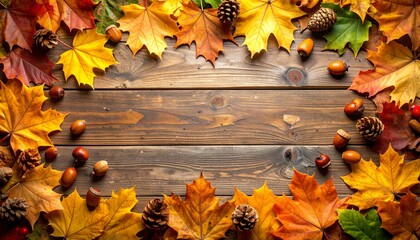 中央にテキストスペースを設けた、秋の落ち葉とどんぐりが散りばめられたラスティックな木製背景のフラットレイ構図

