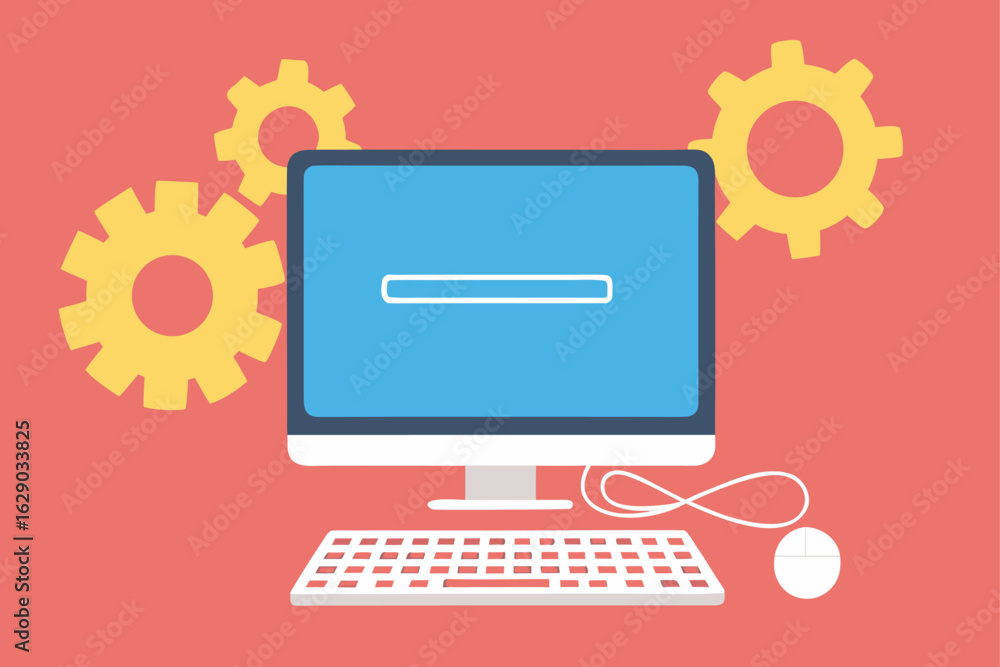 Poster computer monitor keyboard mouse and gears on red background screen
