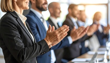 Successful group of professionals clapping hands at a business conference.