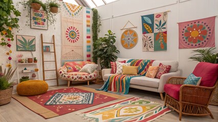 A colorful bohemian living room with patterned textiles and plants