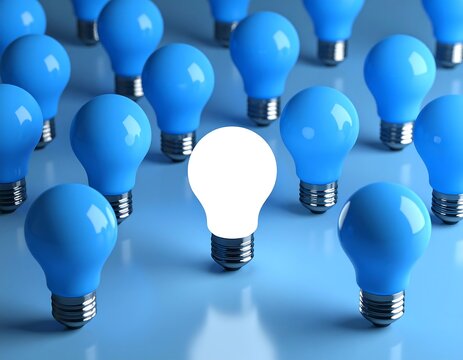 A single illuminated lightbulb stands out among a group of unlit blue bulbs