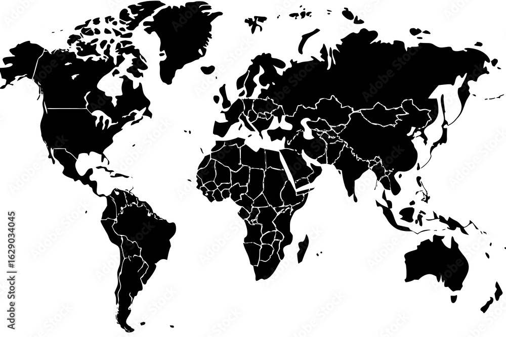 Poster vector world map in black and white showing continents and country borders in a simplified geographi