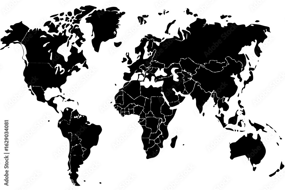 Poster vector black and white world map showing continents and country borders with a simple and clean desi