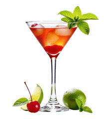 A refreshing red cherry cocktail in a classic martini glass with ice cubes, garnished with a fresh mint sprig and lime. Isolated on Transparent Background, PNG