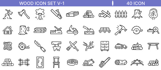 Wood Icon Set &ndash; Timber, Logs, Planks, Tree Outline Vector Collection