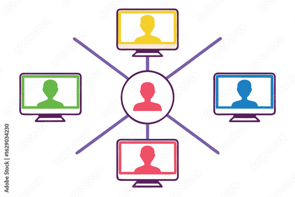 Poster connected people in a virtual meeting with colorful computer screens communication connection