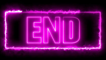 Glowing pink neon "END" within a fiery rectangular frame on black
