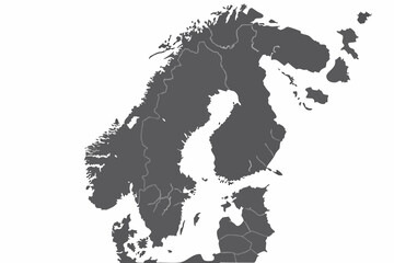 Vector detailed grey map of scandinavia and surrounding baltic sea countries with visible river systems