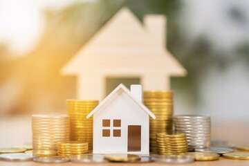 Miniature house on golden coin stacks investment property savings mortgage finance real estate concept.