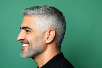 Fototapeta premium Modish men's textured crop haircut - midlife arabian man with short hair. A chic gentleman dressed in style and confidence. Green solid background. Visual idea art of style for aging men.